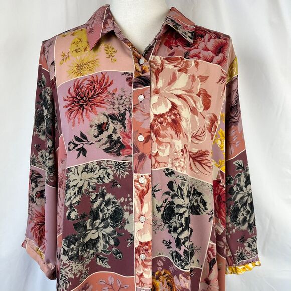 Cynthia Rowley Floral Patchwork Print Button Up Top Size 1X Bloomcore Cottage - Picture 2 of 12